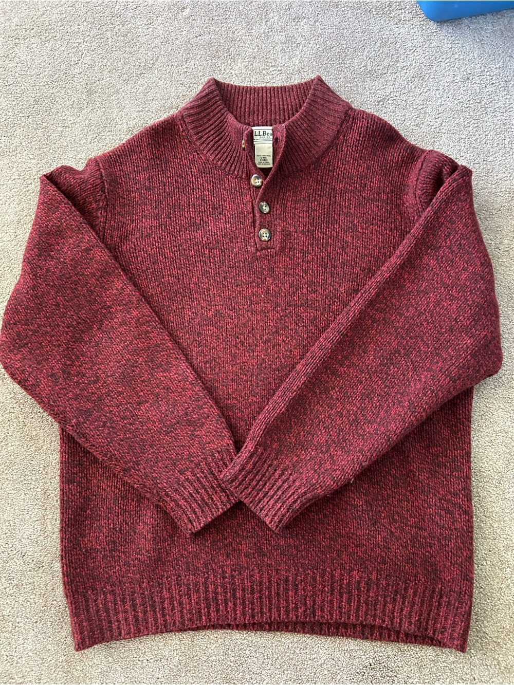 L.L.Bean 100% Lambswool Henley Sweater Mens Large Red Black Marled Knit Pullover